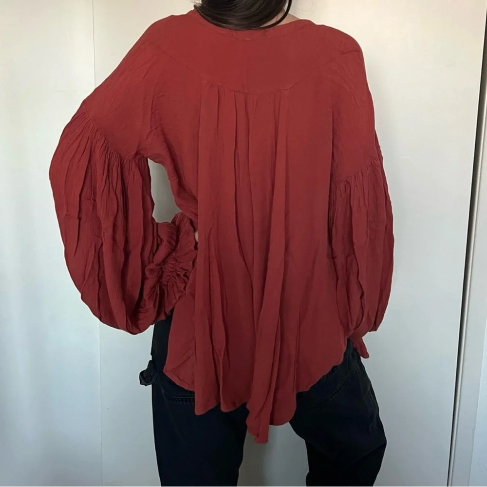 Free People Red Puff Sleeve Blouse with Tie Front